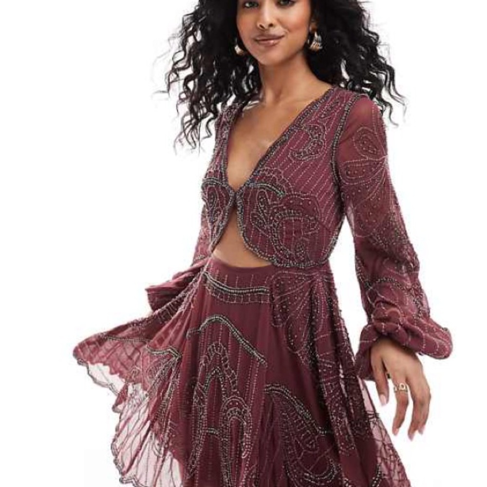 Asos Design Beaded Burgundy Dress Size 14 NWT